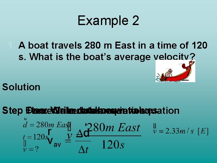 Example 2 1. A boat travels 280 m East in a time of 120