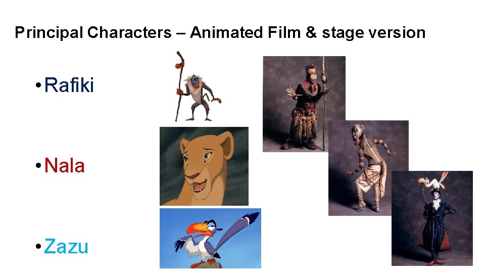 Principal Characters – Animated Film & stage version • Rafiki • Nala • Zazu