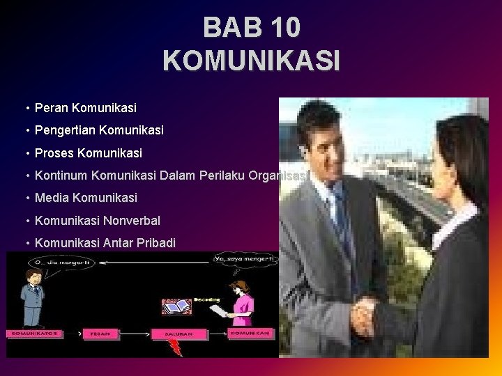 BAB 10 KOMUNIKASI • Peran Komunikasi • Pengertian Komunikasi • Proses Komunikasi • Kontinum