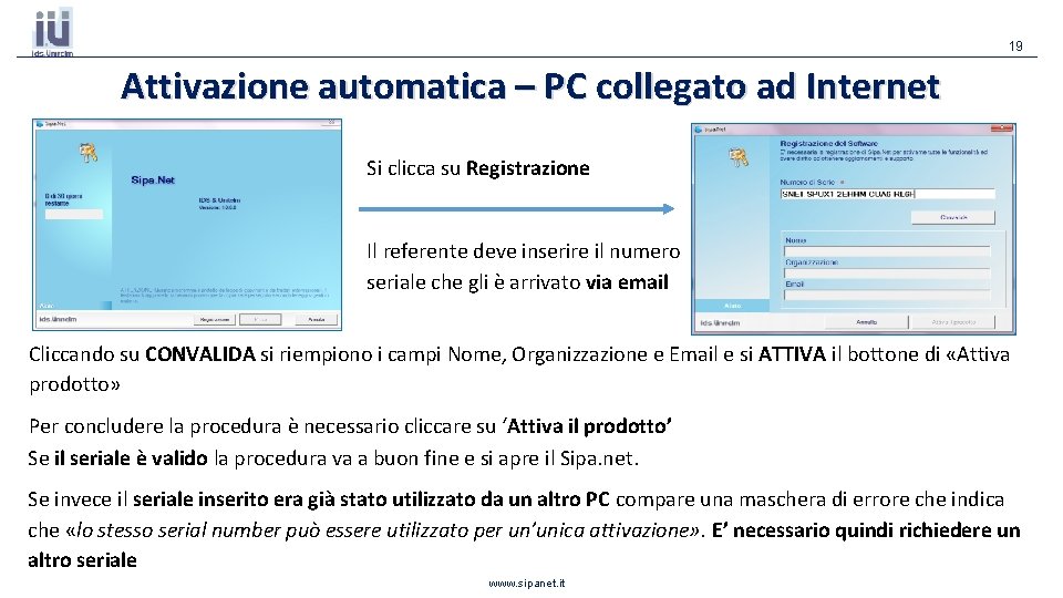 19 Attivazione automatica – PC collegato ad Internet Si clicca su Registrazione Il referente 19 Attivazione automatica – PC collegato ad Internet Si clicca su Registrazione Il referente