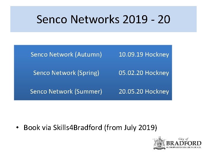 Senco Networks 2019 - 20 Senco Network (Autumn) 10. 09. 19 Hockney Senco Network