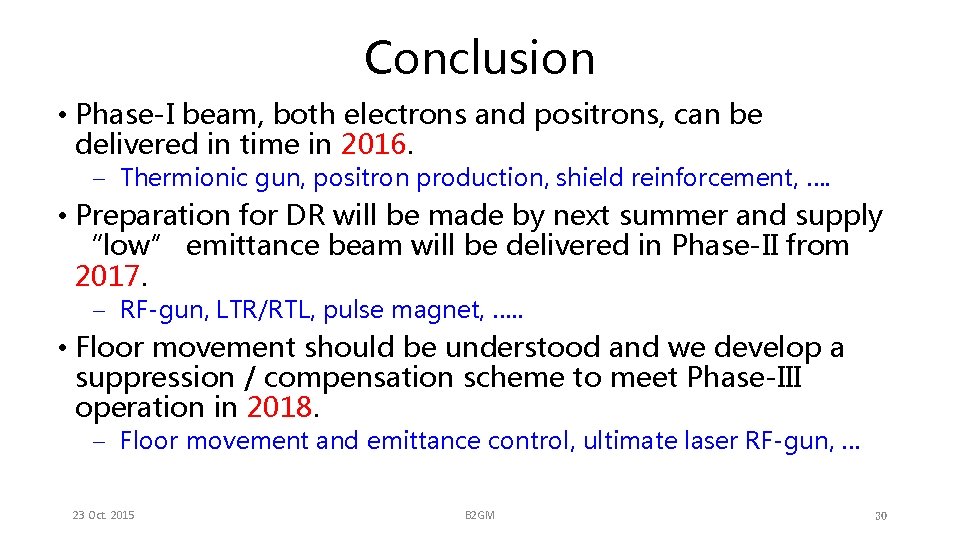 Conclusion • Phase-I beam, both electrons and positrons, can be delivered in time in