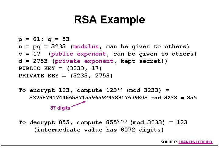 RSA Example p = 61; q = 53 n = pq = 3233 (modulus,