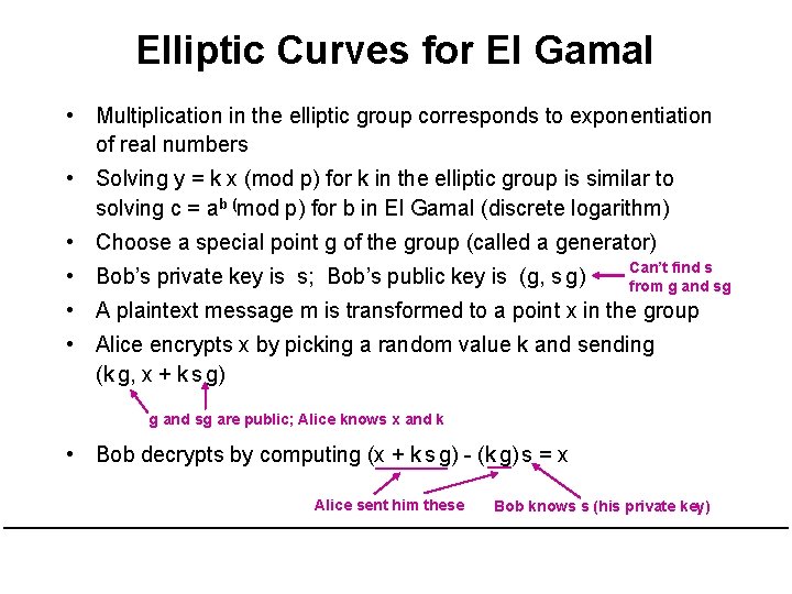 Elliptic Curves for El Gamal • Multiplication in the elliptic group corresponds to exponentiation