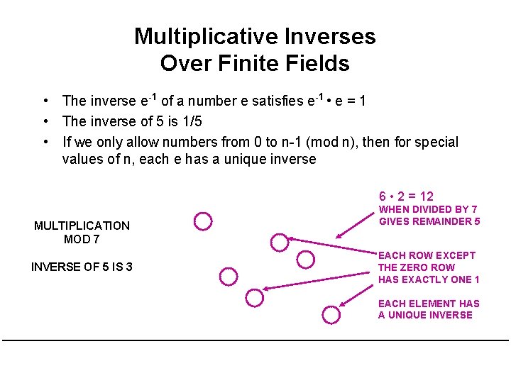Multiplicative Inverses Over Finite Fields • The inverse e-1 of a number e satisfies
