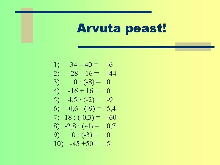 Arvuta peast! 1) 34 – 40 = 2) -28 – 16 = 3) 0 Arvuta peast! 1) 34 – 40 = 2) -28 – 16 = 3) 0