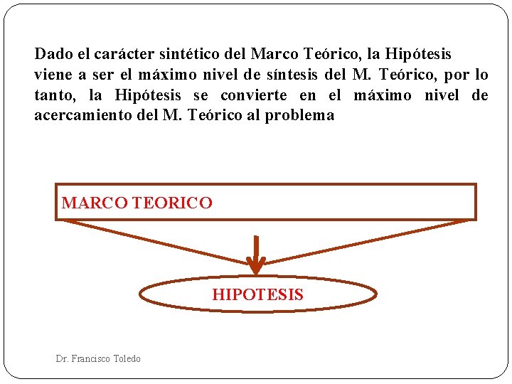 Dado el carácter sintético del Marco Teórico, la Hipótesis viene a ser el máximo