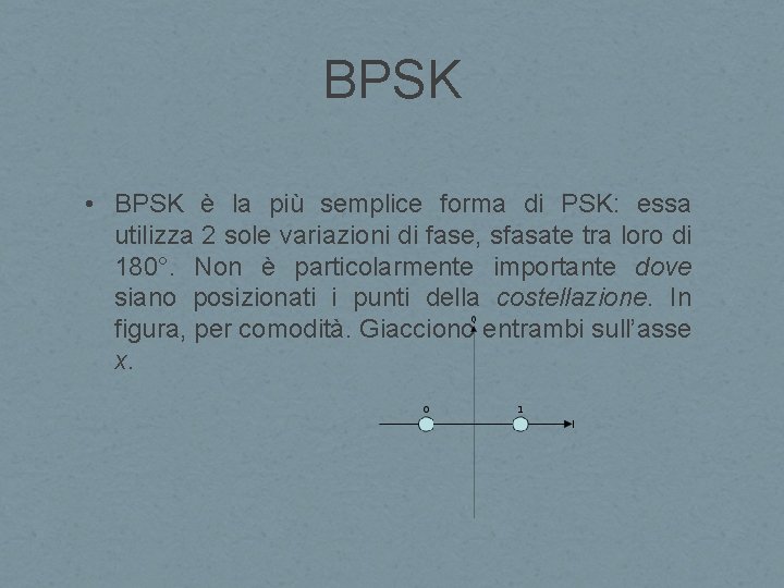 BPSK • BPSK è la più semplice forma di PSK: essa utilizza 2 sole