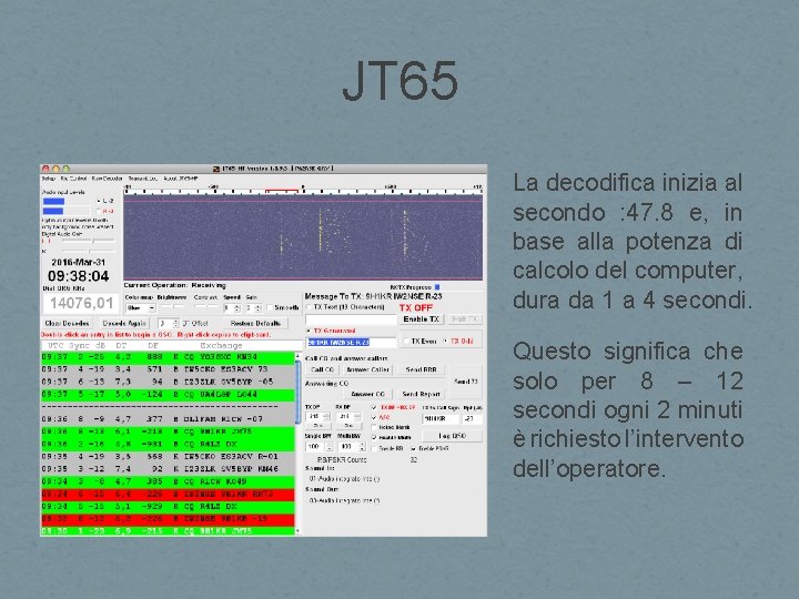 JT 65 La decodifica inizia al secondo : 47. 8 e, in base alla