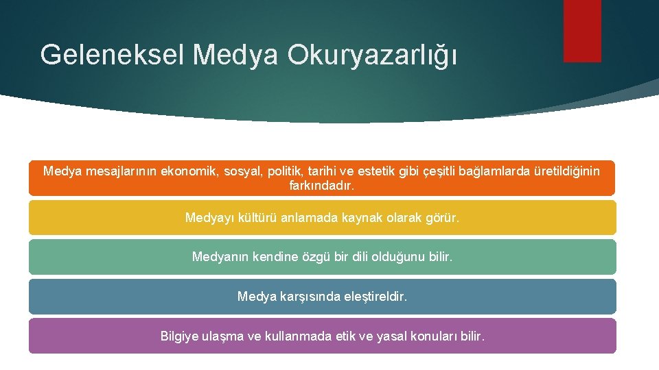 Geleneksel Medya Okuryazarlığı Medya mesajlarının ekonomik, sosyal, politik, tarihi ve estetik gibi çeşitli bağlamlarda