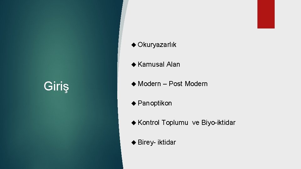  Okuryazarlık Kamusal Giriş Modern Alan – Post Modern Panoptikon Kontrol Birey- Toplumu ve