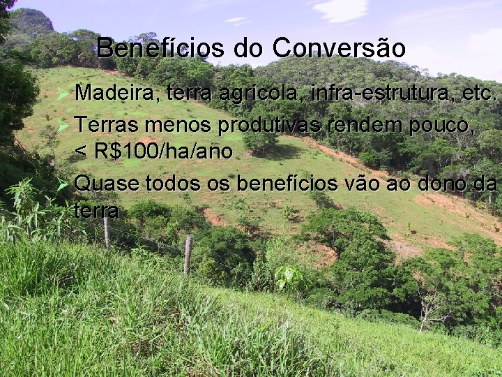 Benefícios do Conversão Madeira, terra agrícola, infra-estrutura, etc. Terras menos produtivas rendem pouco, <