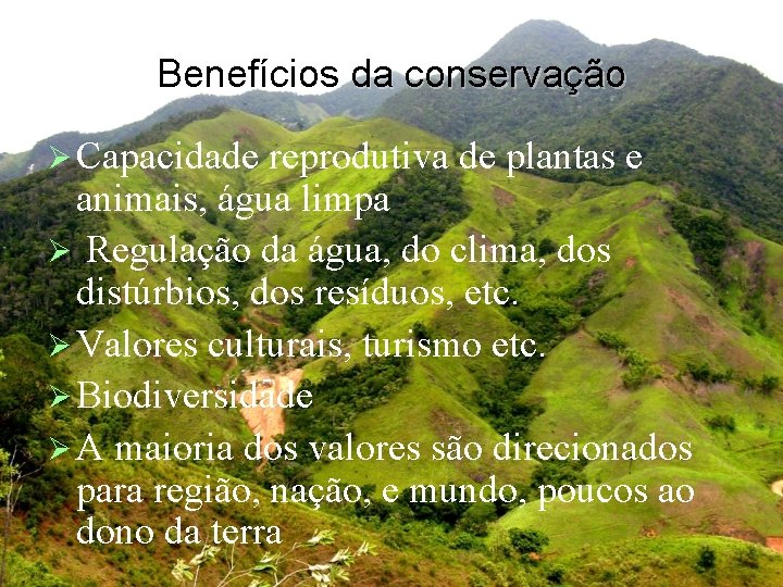 Benefícios da conservação Capacidade reprodutiva de plantas e animais, água limpa Regulação da água,