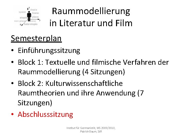 Raummodellierung in Literatur und Film Semesterplan • Einführungssitzung • Block 1: Textuelle und filmische