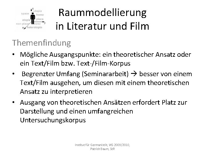 Raummodellierung in Literatur und Film Themenfindung • Mögliche Ausgangspunkte: ein theoretischer Ansatz oder ein