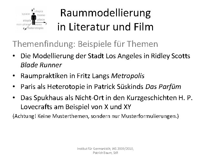 Raummodellierung in Literatur und Film Themenfindung: Beispiele für Themen • Die Modellierung der Stadt