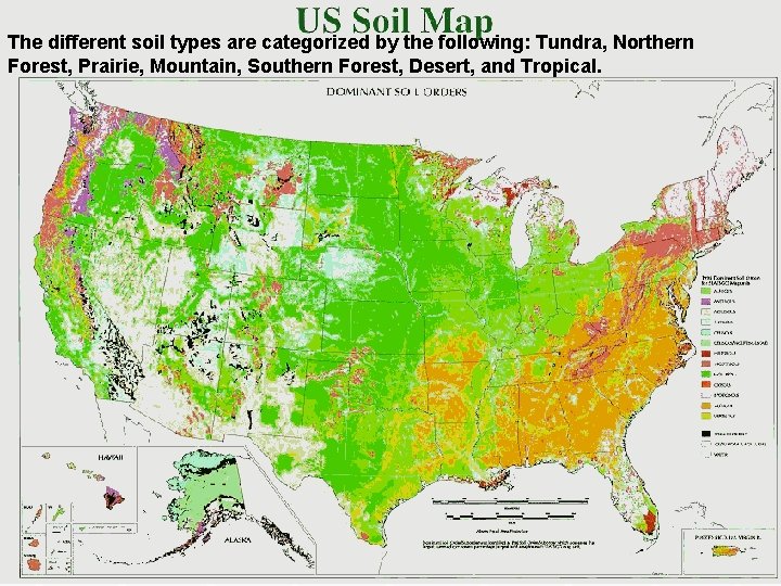 The different soil types are categorized by the following: Tundra, Northern Forest, Prairie, Mountain,