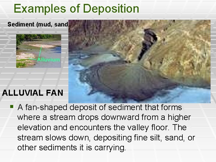 Examples of Deposition Sediment (mud, sand, gravel, etc. ) deposited by a stream or