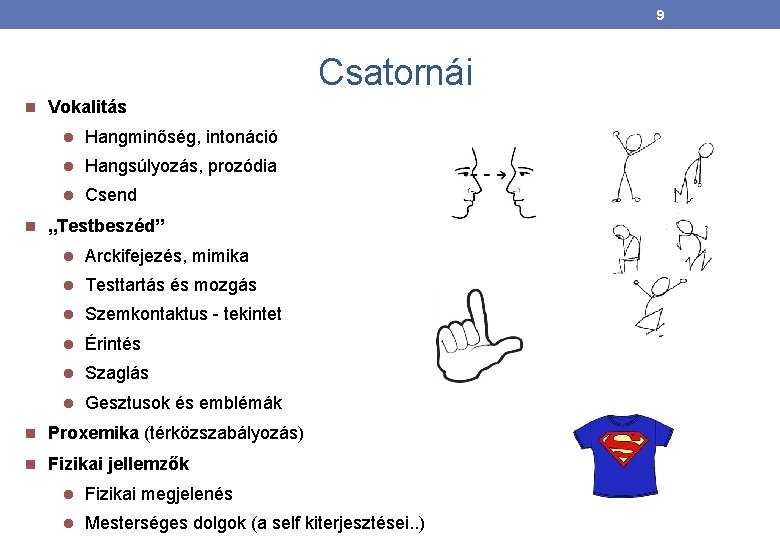 9 Csatornái Vokalitás Hangminőség, intonáció Hangsúlyozás, prozódia Csend „Testbeszéd” Arckifejezés, mimika Testtartás és mozgás