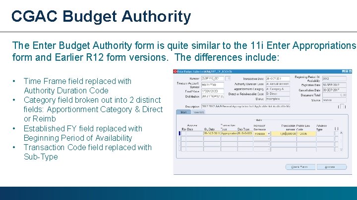 CGAC Budget Authority The Enter Budget Authority form is quite similar to the 11