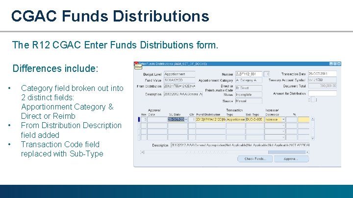 CGAC Funds Distributions The R 12 CGAC Enter Funds Distributions form. Differences include: •