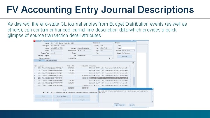 FV Accounting Entry Journal Descriptions As desired, the end-state GL journal entries from Budget