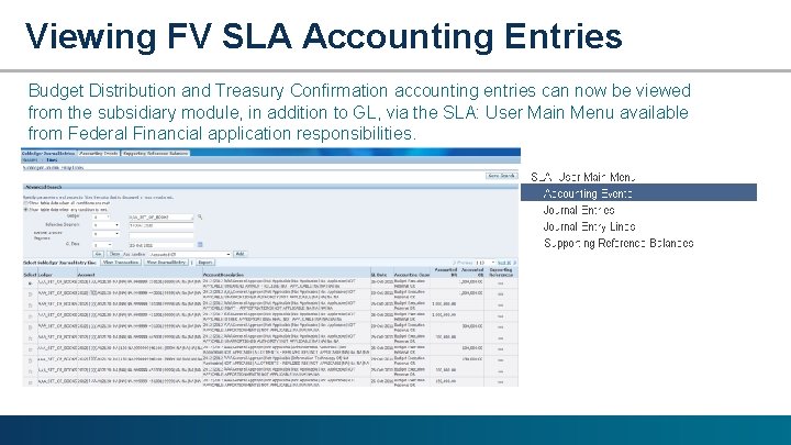 Viewing FV SLA Accounting Entries Budget Distribution and Treasury Confirmation accounting entries can now