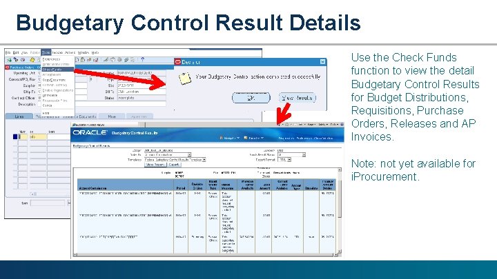 Budgetary Control Result Details Use the Check Funds function to view the detail Budgetary