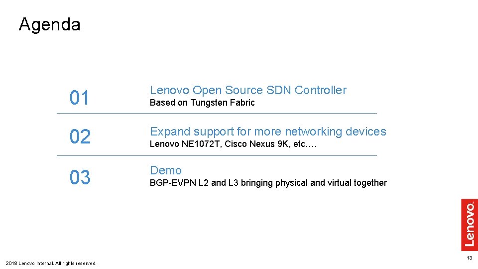 Agenda 01 Lenovo Open Source SDN Controller 02 Expand support for more networking devices Agenda 01 Lenovo Open Source SDN Controller 02 Expand support for more networking devices