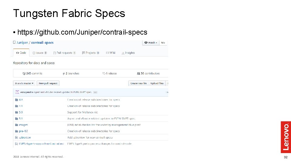 Tungsten Fabric Specs • https: //github. com/Juniper/contrail-specs 2018 Lenovo Internal. All rights reserved. 32 Tungsten Fabric Specs • https: //github. com/Juniper/contrail-specs 2018 Lenovo Internal. All rights reserved. 32