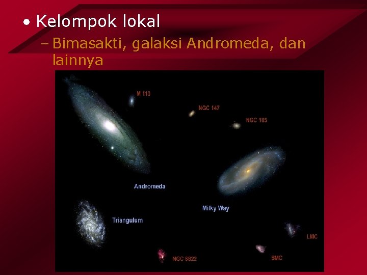  • Kelompok lokal – Bimasakti, galaksi Andromeda, dan lainnya 