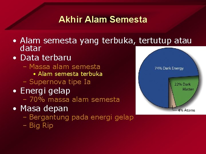 Akhir Alam Semesta • Alam semesta yang terbuka, tertutup atau datar • Data terbaru