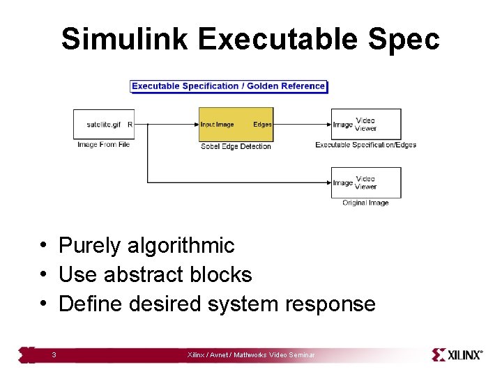 Simulink Executable Spec • Purely algorithmic • Use abstract blocks • Define desired system