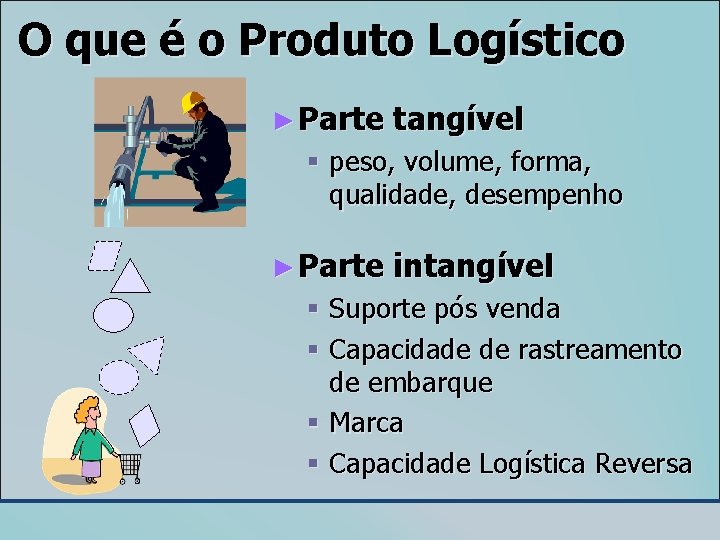 O que é o Produto Logístico ► Parte tangível § peso, volume, forma, qualidade,