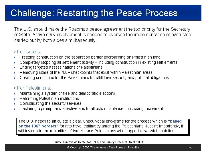 Challenge: Restarting the Peace Process The U. S. should make the Roadmap peace agreement