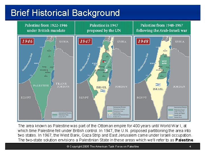 Brief Historical Background The area known as Palestine was part of the Ottoman empire