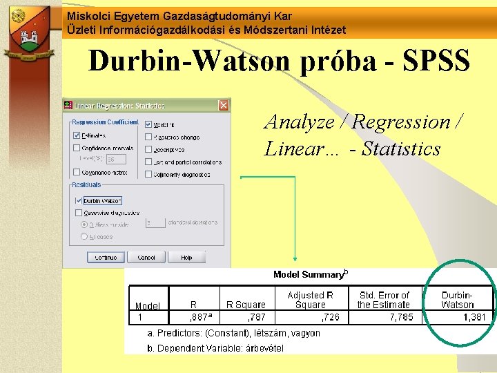 Miskolci Egyetem Gazdaságtudományi Kar Üzleti Információgazdálkodási és Módszertani Intézet Durbin-Watson próba - SPSS Analyze