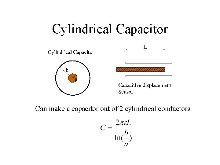 Cylindrical Capacitor Can make a capacitor out of 2 cylindrical conductors Cylindrical Capacitor Can make a capacitor out of 2 cylindrical conductors