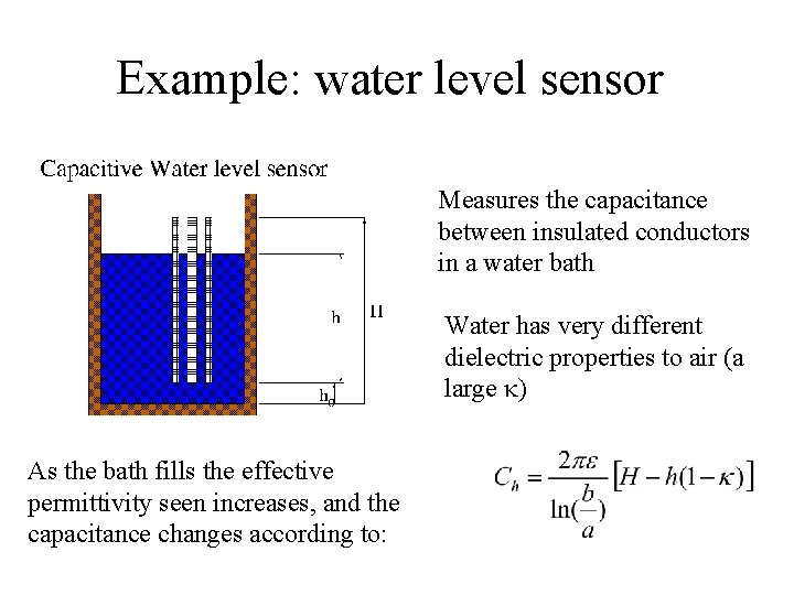 Example: water level sensor Measures the capacitance between insulated conductors in a water bath Example: water level sensor Measures the capacitance between insulated conductors in a water bath