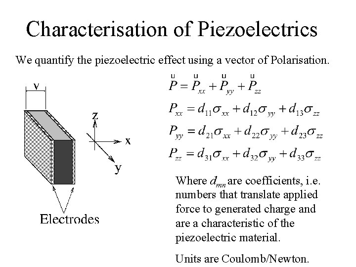 Characterisation of Piezoelectrics We quantify the piezoelectric effect using a vector of Polarisation. Where Characterisation of Piezoelectrics We quantify the piezoelectric effect using a vector of Polarisation. Where