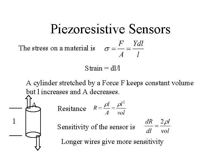 Piezoresistive Sensors The stress on a material is Strain = dl/l A cylinder stretched Piezoresistive Sensors The stress on a material is Strain = dl/l A cylinder stretched