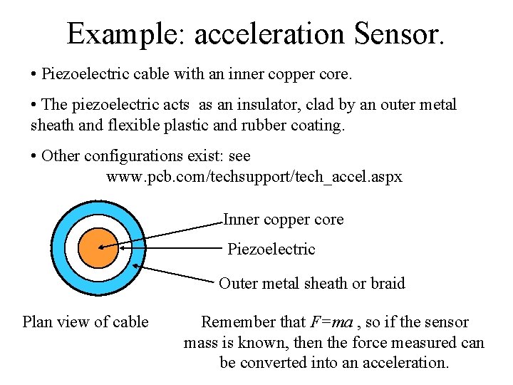 Example: acceleration Sensor. • Piezoelectric cable with an inner copper core. • The piezoelectric Example: acceleration Sensor. • Piezoelectric cable with an inner copper core. • The piezoelectric