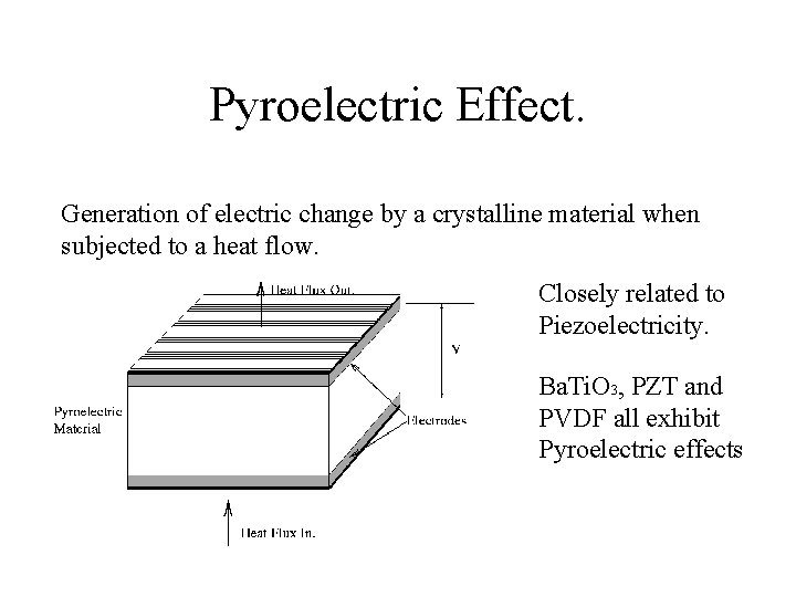 Pyroelectric Effect. Generation of electric change by a crystalline material when subjected to a Pyroelectric Effect. Generation of electric change by a crystalline material when subjected to a