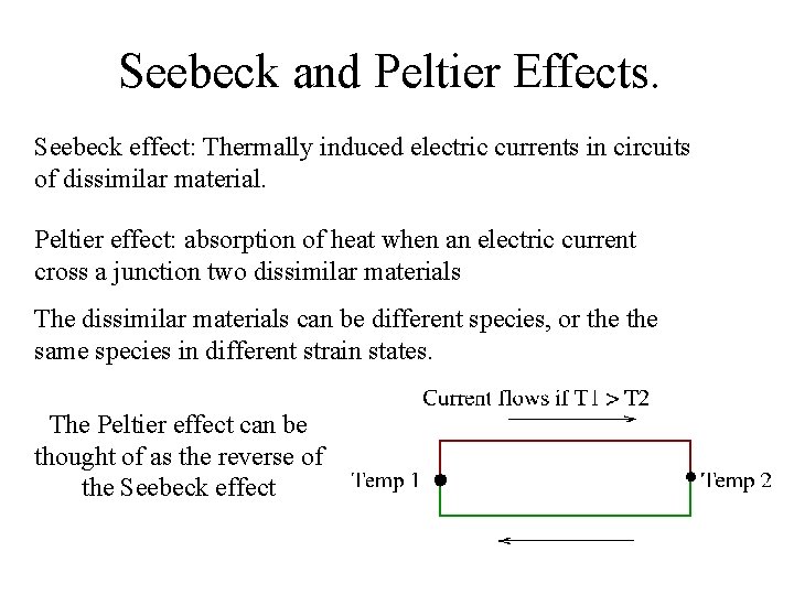 Seebeck and Peltier Effects. Seebeck effect: Thermally induced electric currents in circuits of dissimilar Seebeck and Peltier Effects. Seebeck effect: Thermally induced electric currents in circuits of dissimilar