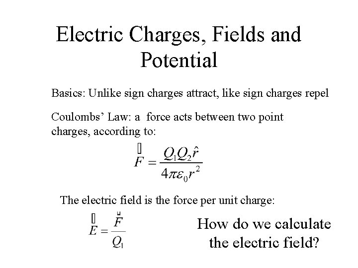 Electric Charges, Fields and Potential Basics: Unlike sign charges attract, like sign charges repel Electric Charges, Fields and Potential Basics: Unlike sign charges attract, like sign charges repel