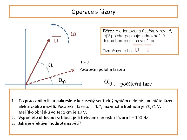 Operace s fázory U ω Fázor je orientovaná úsečka v rovině, jejíž poloha popisuje