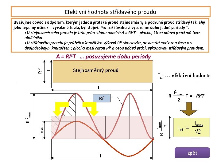 Efektivní hodnota střídavého proudu Uvažujme obvod s odporem, kterým jednou protéká proud stejnosměrný a