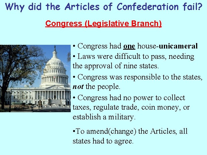 Why did the Articles of Confederation fail? Congress (Legislative Branch) • Congress had one Why did the Articles of Confederation fail? Congress (Legislative Branch) • Congress had one