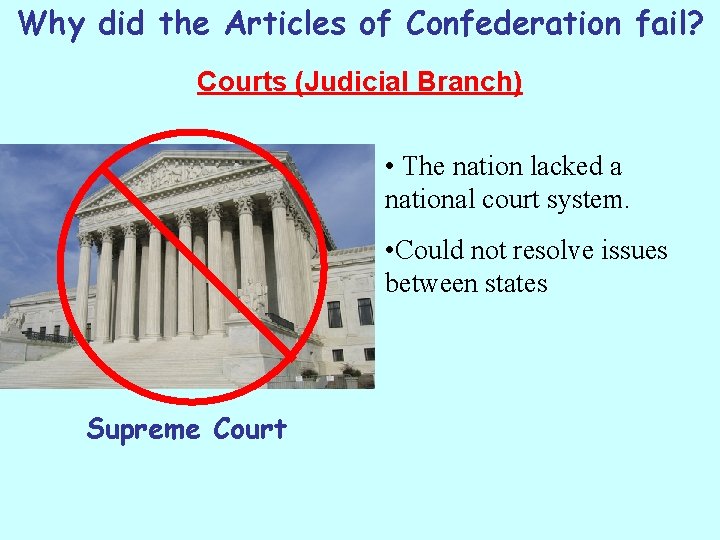 Why did the Articles of Confederation fail? Courts (Judicial Branch) • The nation lacked Why did the Articles of Confederation fail? Courts (Judicial Branch) • The nation lacked