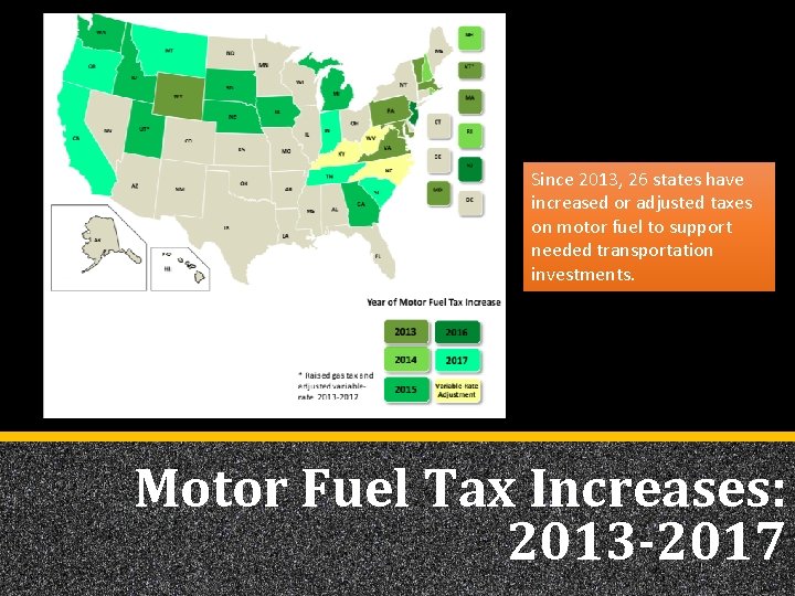 Since 2013, 26 states have increased or adjusted taxes on motor fuel to support